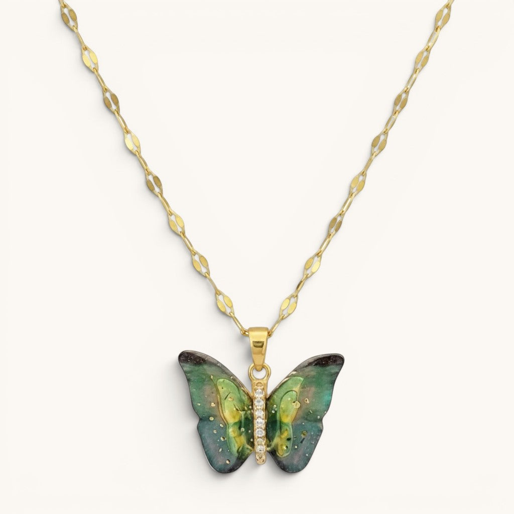 TITLIYA Luna-style gold alloy necklace featuring a green and black butterfly pendant with crystal accents.