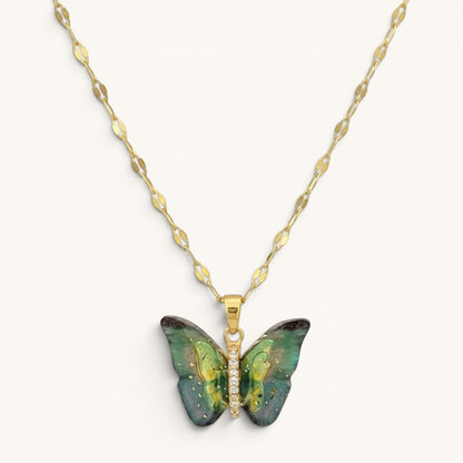 TITLIYA Luna-style gold alloy necklace featuring a green and black butterfly pendant with crystal accents.