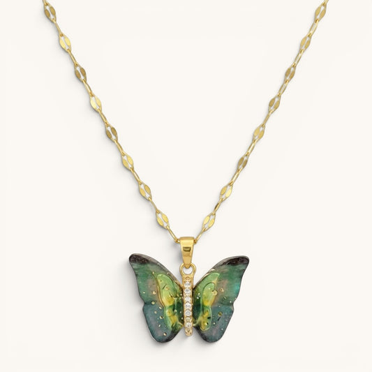 TITLIYA Luna-style gold alloy necklace featuring a green and black butterfly pendant with crystal accents.
