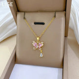 TITLIYA gold-tone butterfly pendant necklace with pink and clear crystals and a dangling teardrop charm in a gift box