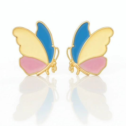TITLIYA colourful stainless steel butterfly earrings with blue, yellow, and pink enamel details on a white background.