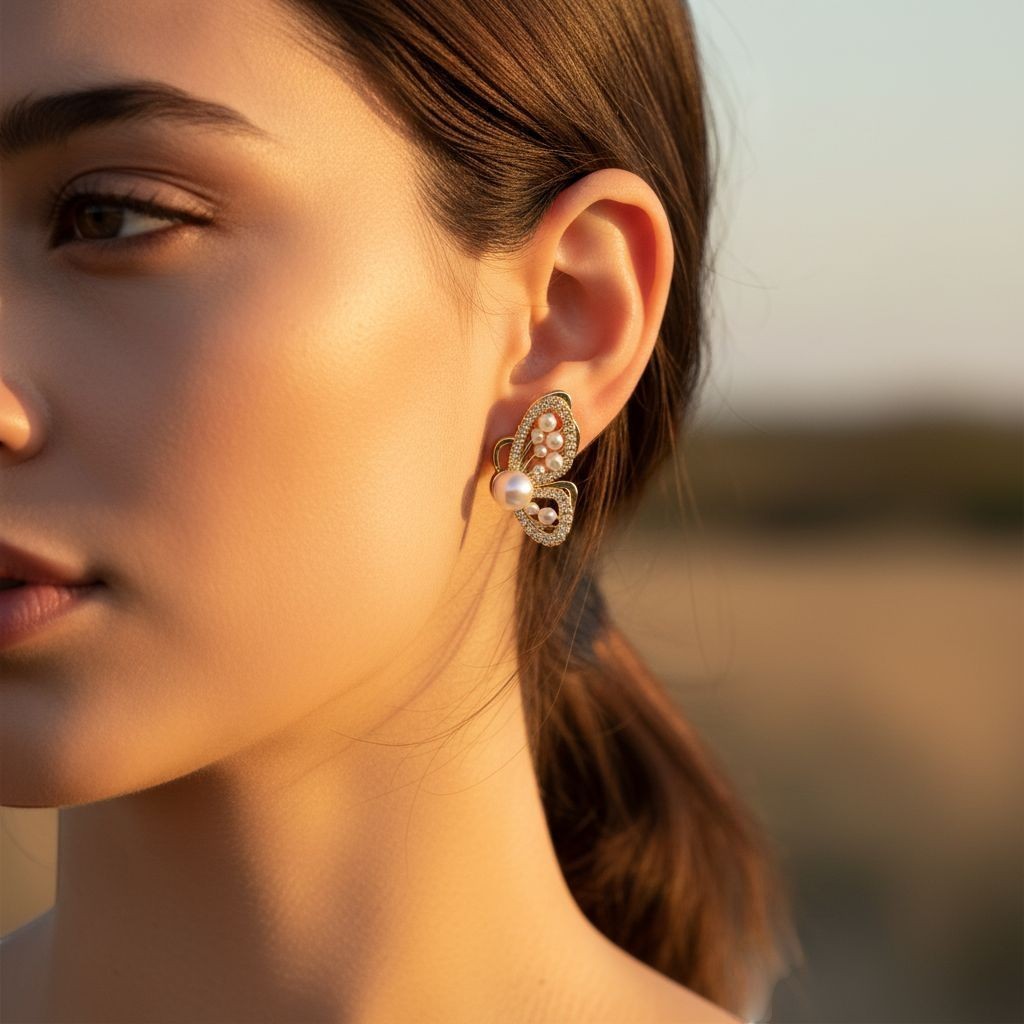 TITLIYA butterfly wing gold stud earrings with pearls and crystals worn by a woman in soft outdoor lighting.