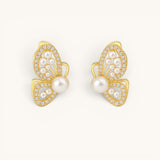 TITLIYA gold butterfly wing stud earrings featuring white pearls and sparkling crystals in a premium Korean style.