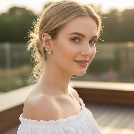 TITLIYA non-piercing butterfly earcuff with sparkling zircon accents worn by a woman in a white off-shoulder top.