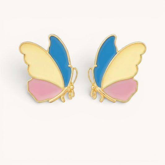 TITLIYA colorful enamel butterfly stud earrings in blue, yellow, and pink with gold-tone stainless steel trim.