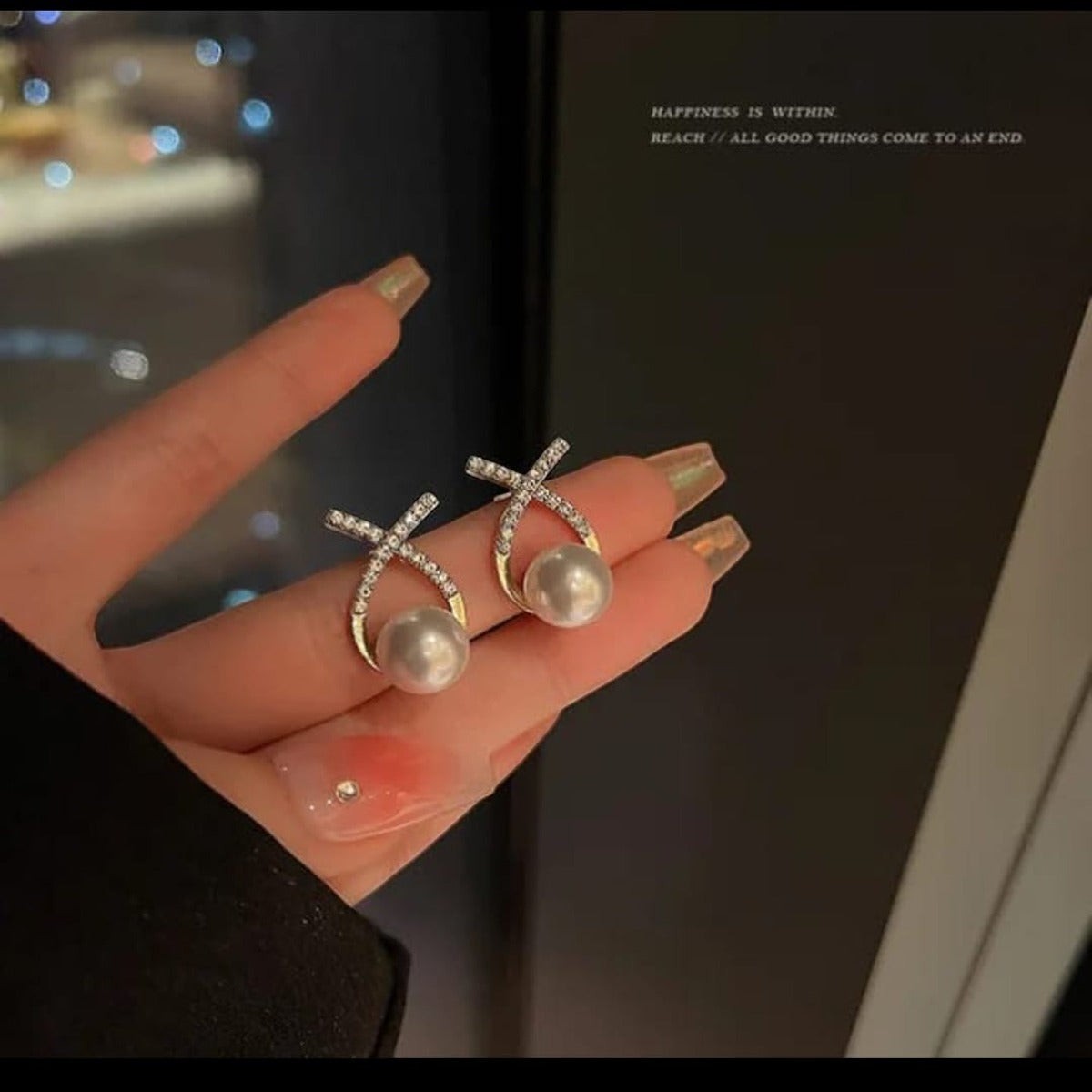 TITLIYA diamond-studded cross earrings featuring a lustrous white pearl, elegant design for daily wear.