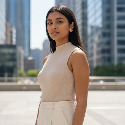 Woman wearing TITLIYA crystal butterfly stud earrings with a beige sleeveless top in a city setting.