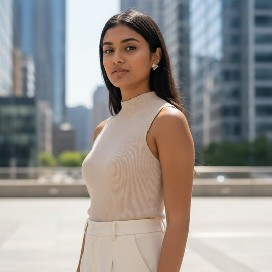 Woman wearing TITLIYA crystal butterfly stud earrings with a beige sleeveless top in a city setting.