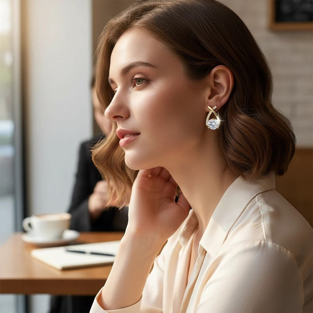 Woman wearing a TITLIYA crystal cross-shaped earring with a sparkling round stone in a cafe setting.