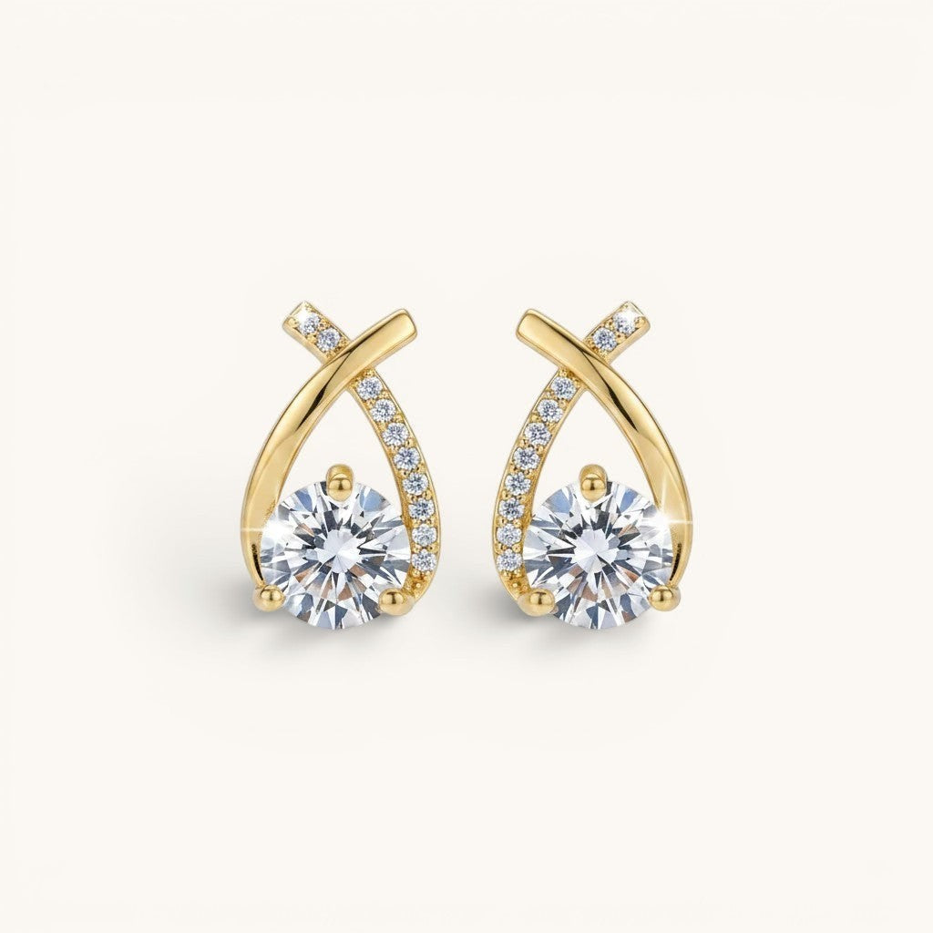 TITLIYA gold-tone crystal cross-shaped earrings with sparkling round stones for elegant daily wear.