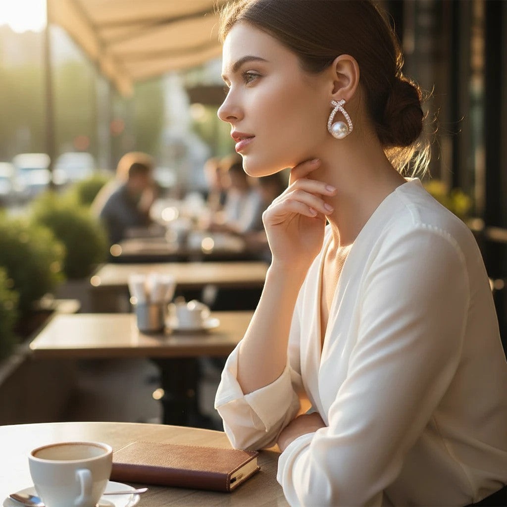 Woman wearing TITLIYA double cross diamond and pearl earrings at an outdoor cafe, elegant style for daily wear.