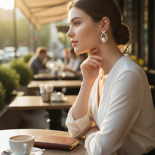 Woman wearing TITLIYA double cross diamond and pearl earrings at an outdoor cafe, elegant style for daily wear.