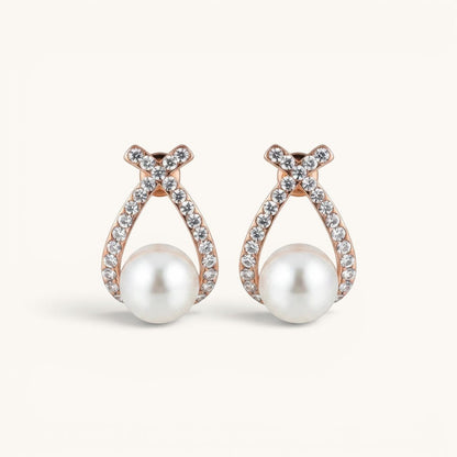 TITLIYA rose gold double cross earrings featuring sparkling crystals and a central white pearl for elegant daily wear.