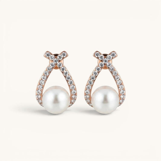 TITLIYA rose gold double cross earrings featuring sparkling crystals and a central white pearl for elegant daily wear.
