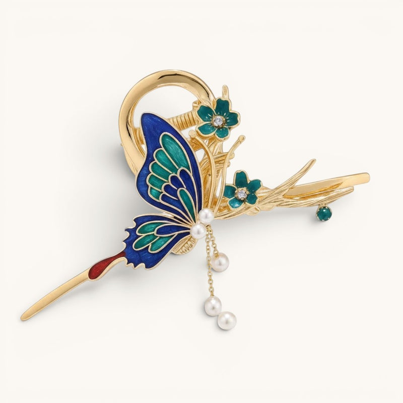 Blue Enamel Butterfly Hair Grip – Non-Slip Metal Design