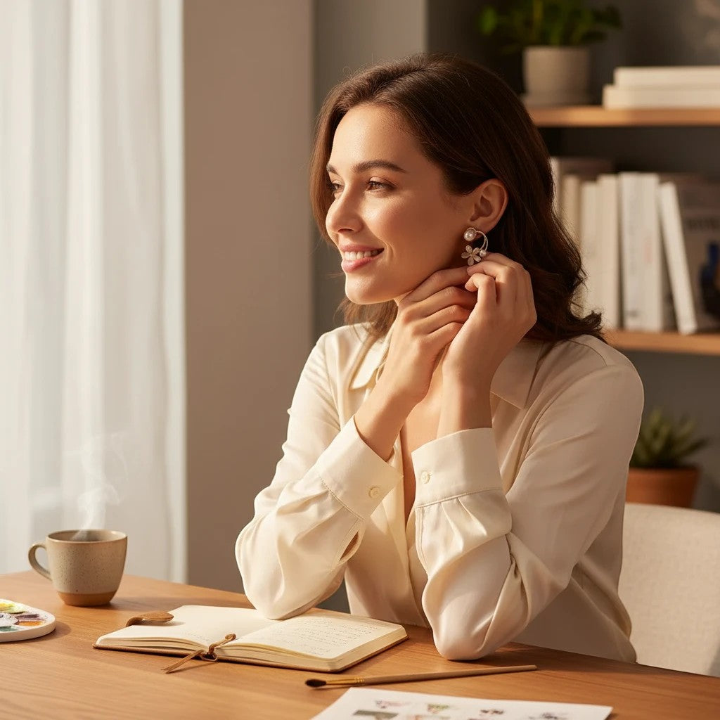 Woman wearing TITLIYA flower and crystal leaf Korean earrings, sitting at a desk with a notebook and coffee.