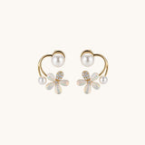 TITLIYA gold-tone flower earrings with pearl accents and crystal-embellished leaf petals for elegant daily wear.