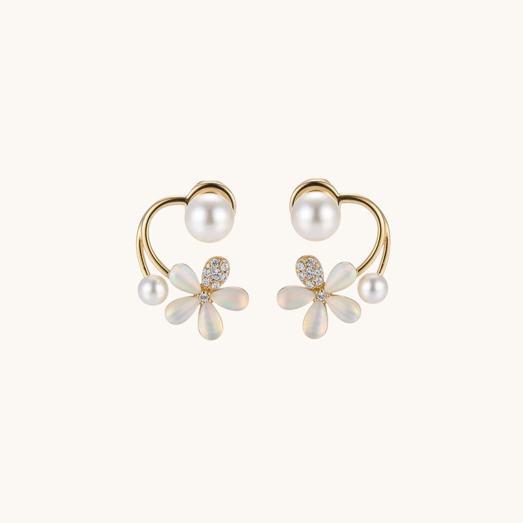 TITLIYA gold-tone flower earrings with pearl accents and crystal-embellished leaf petals for elegant daily wear.