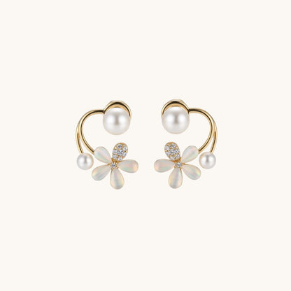 TITLIYA gold-tone flower earrings with pearl accents and crystal-embellished leaf petals for elegant daily wear.