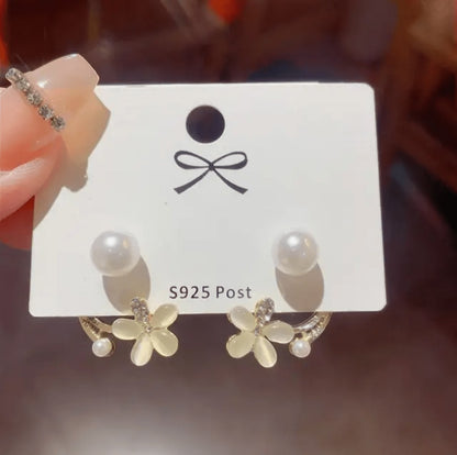 TITLIYA Korean-style flower earrings with crystal accents, pearl studs, and S925 silver posts for elegant daily wear.