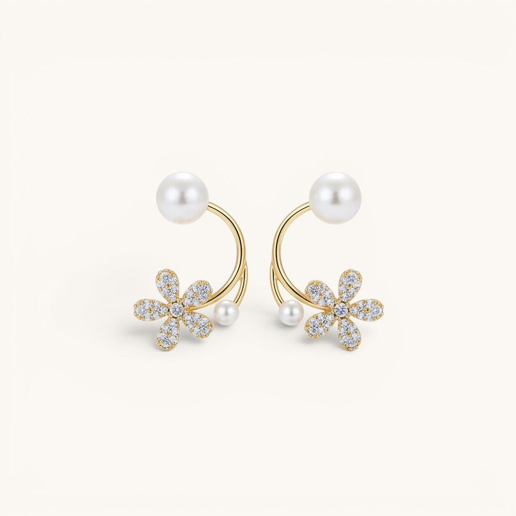 TITLIYA gold-tone Korean earrings featuring a crystal-encrusted flower and white pearl accents for elegant daily wear.