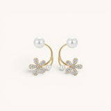 TITLIYA gold-tone Korean earrings featuring a crystal-encrusted flower and white pearl accents for elegant daily wear.