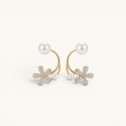 TITLIYA gold-tone Korean earrings featuring a crystal-encrusted flower and white pearl accents for elegant daily wear.