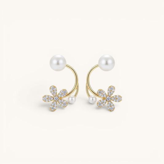 TITLIYA gold-tone Korean earrings featuring a crystal-encrusted flower and white pearl accents for elegant daily wear.