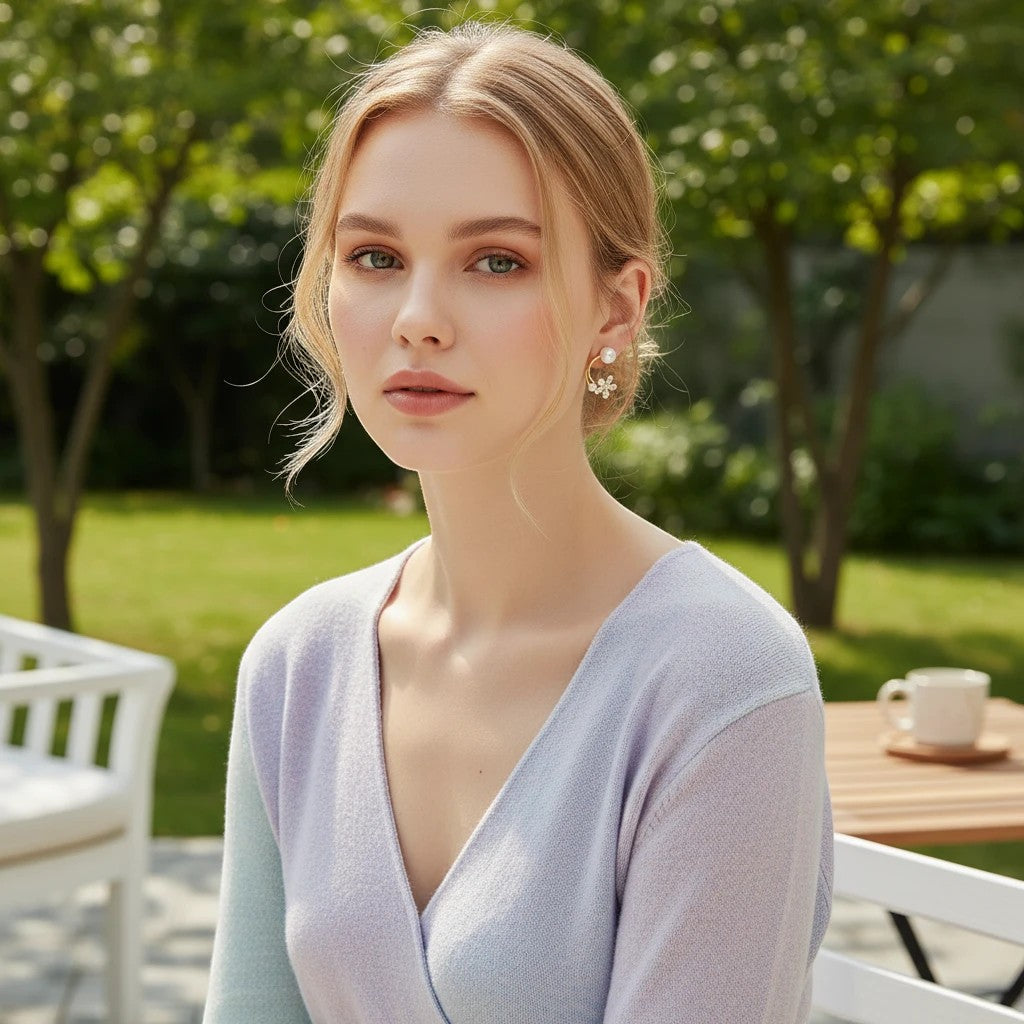 Woman wearing elegant TITLIYA flower-shaped earrings with pearls, styled for daily wear in a garden setting.