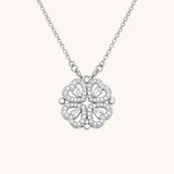 TITLIYA silver magnetic pendant necklace featuring four heart-shaped clover leaves with sparkling crystal accents.