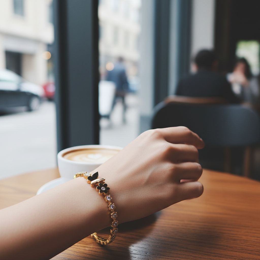 TITLIYA gold plated butterfly and flower bracelet with sparkling crystals worn on a wrist at a cafe table.
