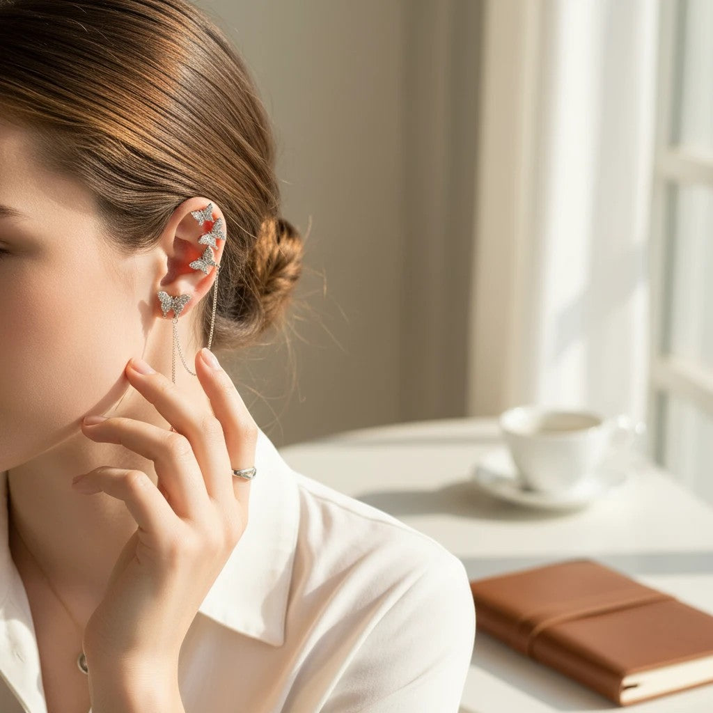 TITLIYA gold butterfly ear climber earrings worn by a woman with a chain detail in a bright, elegant setting.