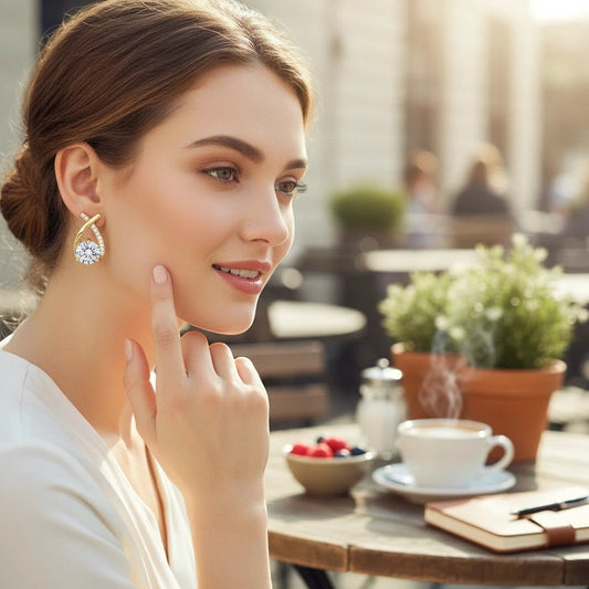 Woman wearing a gold crystal cross-shaped earring by TITLIYA, styled for an elegant daily look at an outdoor cafe.