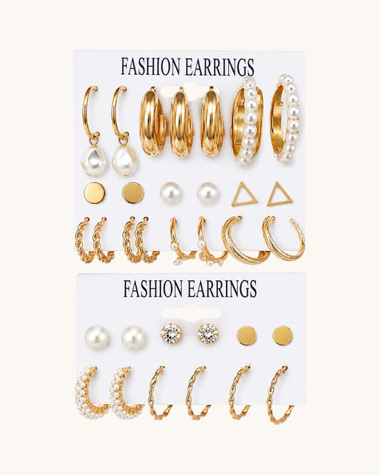 TITLIYA gold-tone earring set featuring pearl, hoop, and stud designs for everyday elegance and gifting.