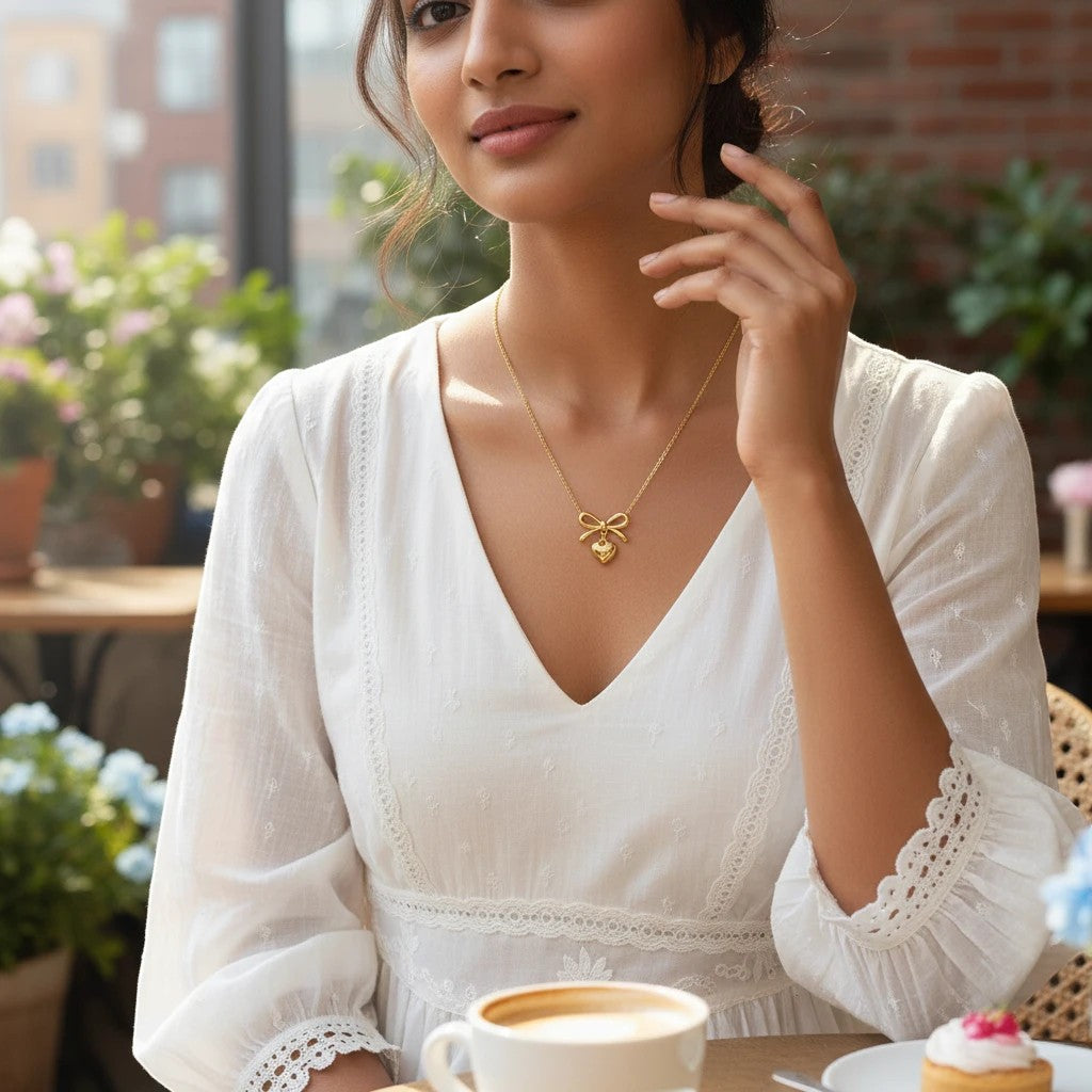 Woman wearing a TITLIYA gold heart and bow pendant necklace with a white dress in a cafe setting.