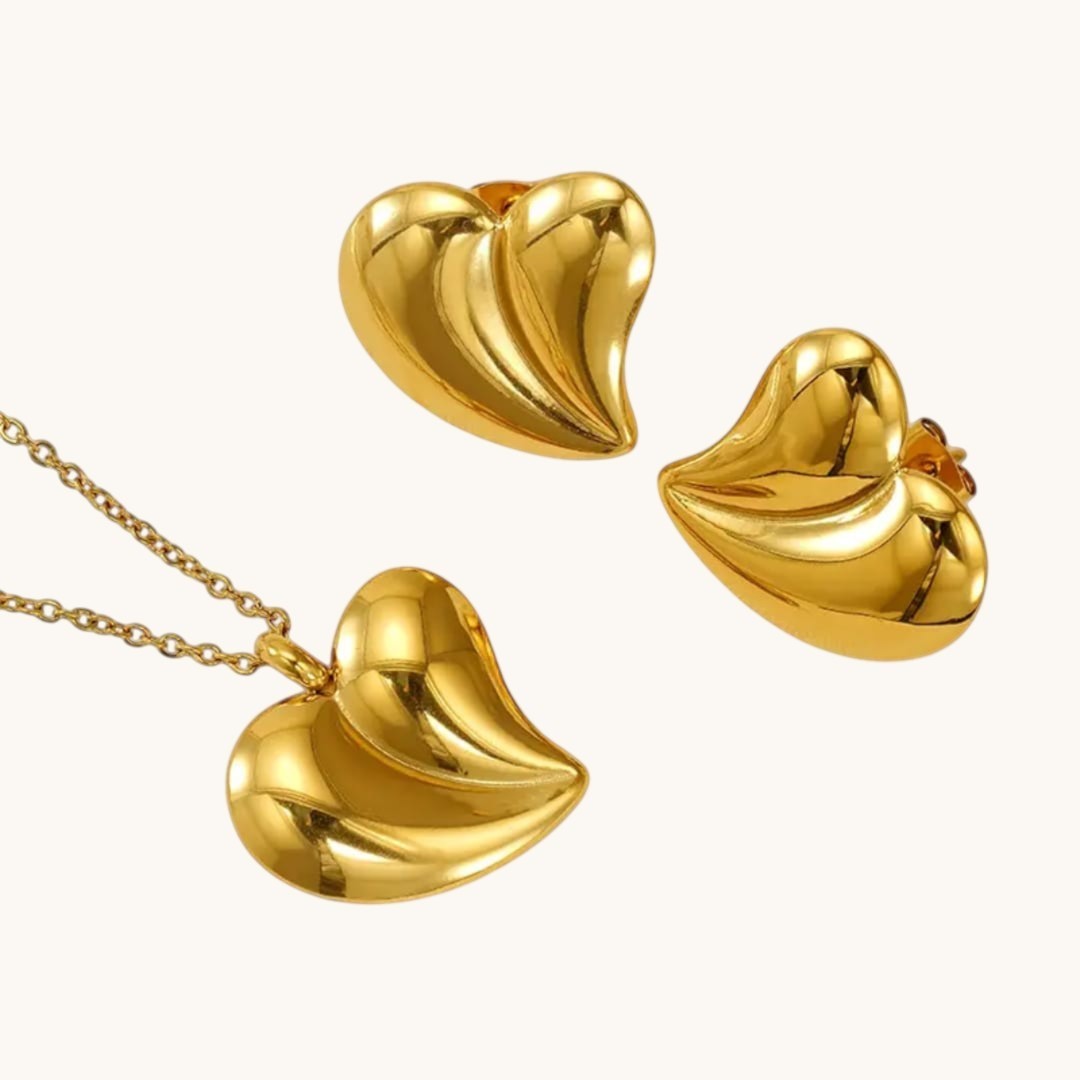 TITLIYA gold plated heart necklace and matching stud earrings set with a polished, elegant finish for daily wear.