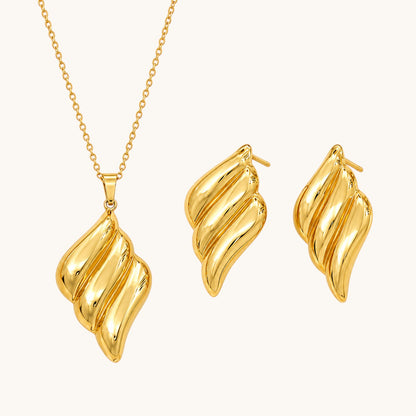 TITLIYA gold plated necklace and matching stud earrings set with elegant wave-inspired polished metal design.