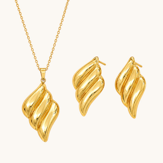 TITLIYA gold plated necklace and matching stud earrings set with elegant wave-inspired polished metal design.