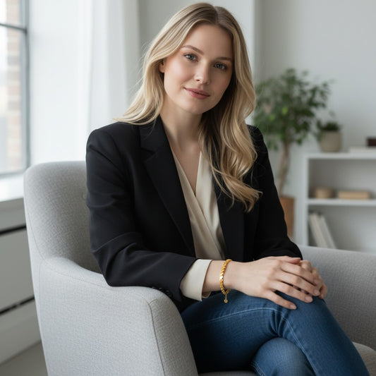 A woman wearing a TITLIYA gold-plated bracelet with an interlocking leaf-link design in a professional office setting.