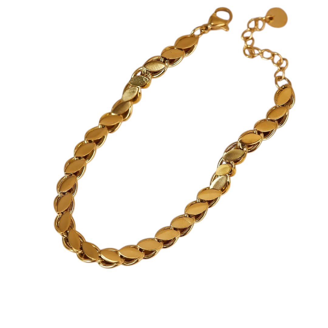 TITLIYA gold-plated bracelet featuring an interlocking leaf-link design with an adjustable extender chain.