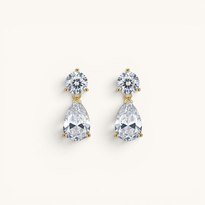 TITLIYA gold-plated drop earrings featuring a round stud and pear-cut clear stone for elegant daily wear.