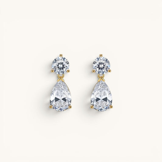 TITLIYA gold-plated drop earrings featuring a round stud and pear-cut clear stone for elegant daily wear.