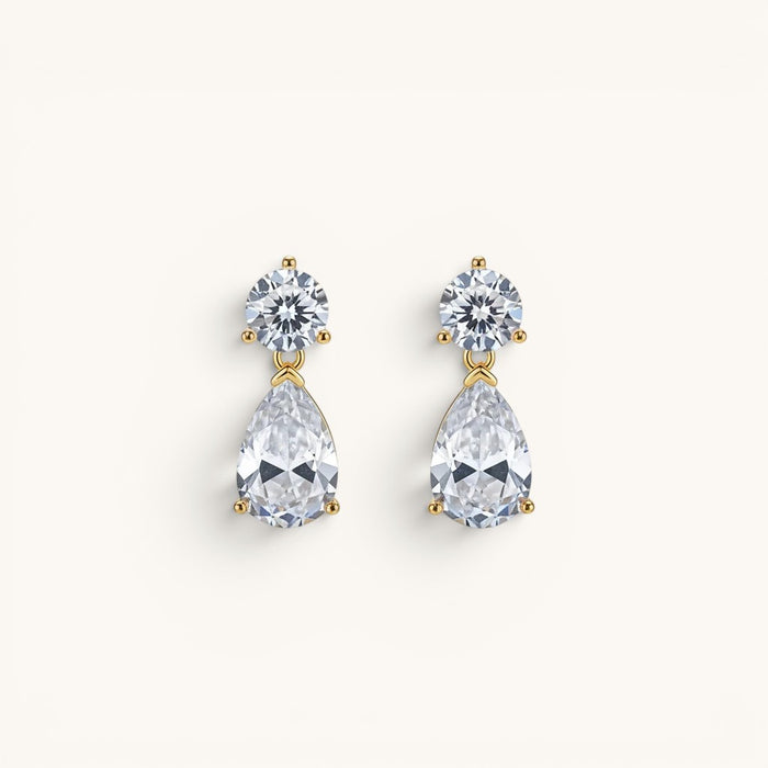 TITLIYA gold-plated drop earrings featuring a round stud and pear-cut clear stone for elegant daily wear.