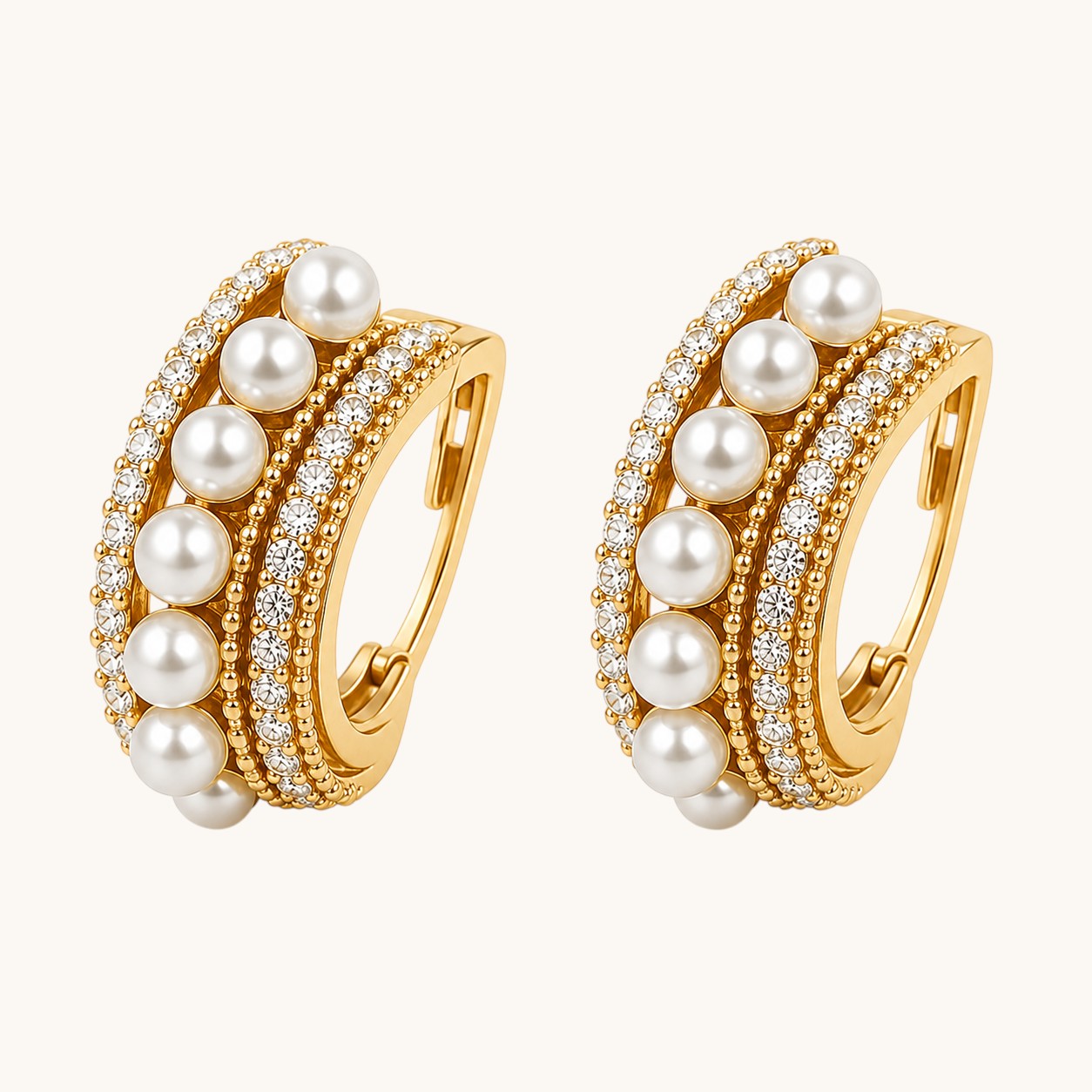 TITLIYA gold plated hoop earrings featuring white pearls and sparkling crystal accents for elegant daily wear.