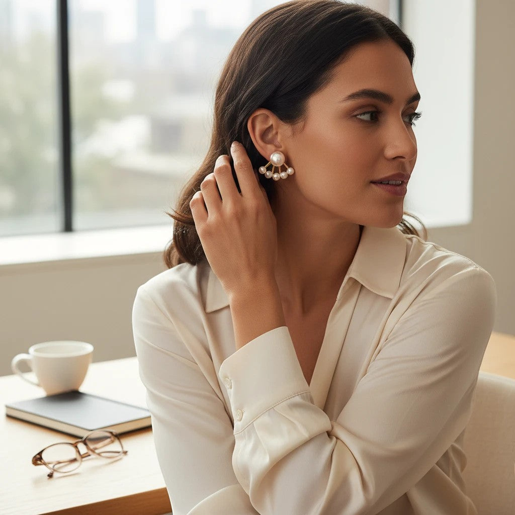 Woman wearing TITLIYA gold-plated needle pearl earrings with a fan-shaped design in a professional office setting.