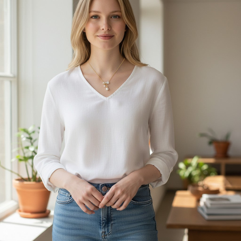 Woman wearing a TITLIYA gold plated pearl necklace with a bow pendant, styled with a white top and blue jeans.