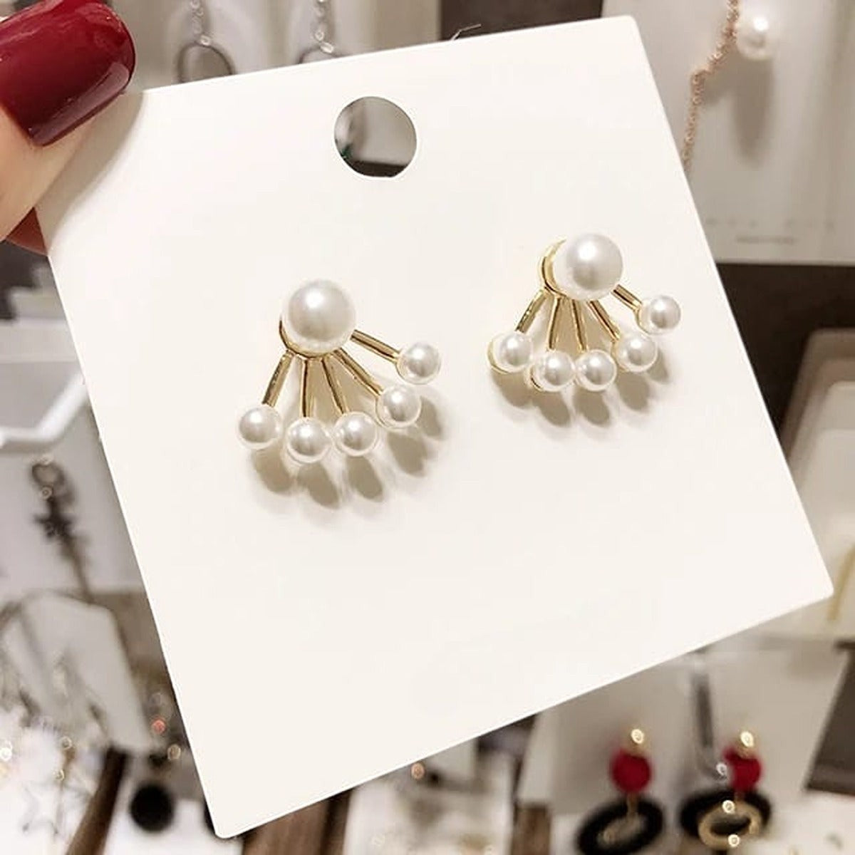 TITLIYA gold plated needle earrings featuring a fan-shaped design with multiple white pearls for elegant daily wear.