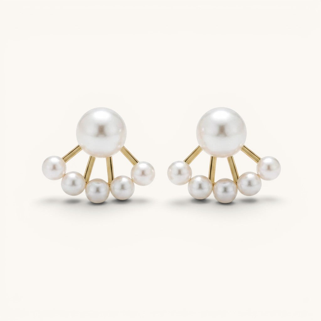 TITLIYA gold-plated needle earrings featuring a fan-shaped design with multiple lustrous white pearls.