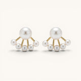 TITLIYA gold-plated needle earrings featuring a fan-shaped design with multiple lustrous white pearls.