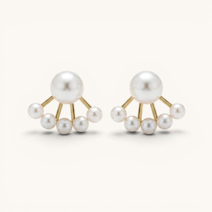 TITLIYA gold-plated needle earrings featuring a fan-shaped design with multiple lustrous white pearls.